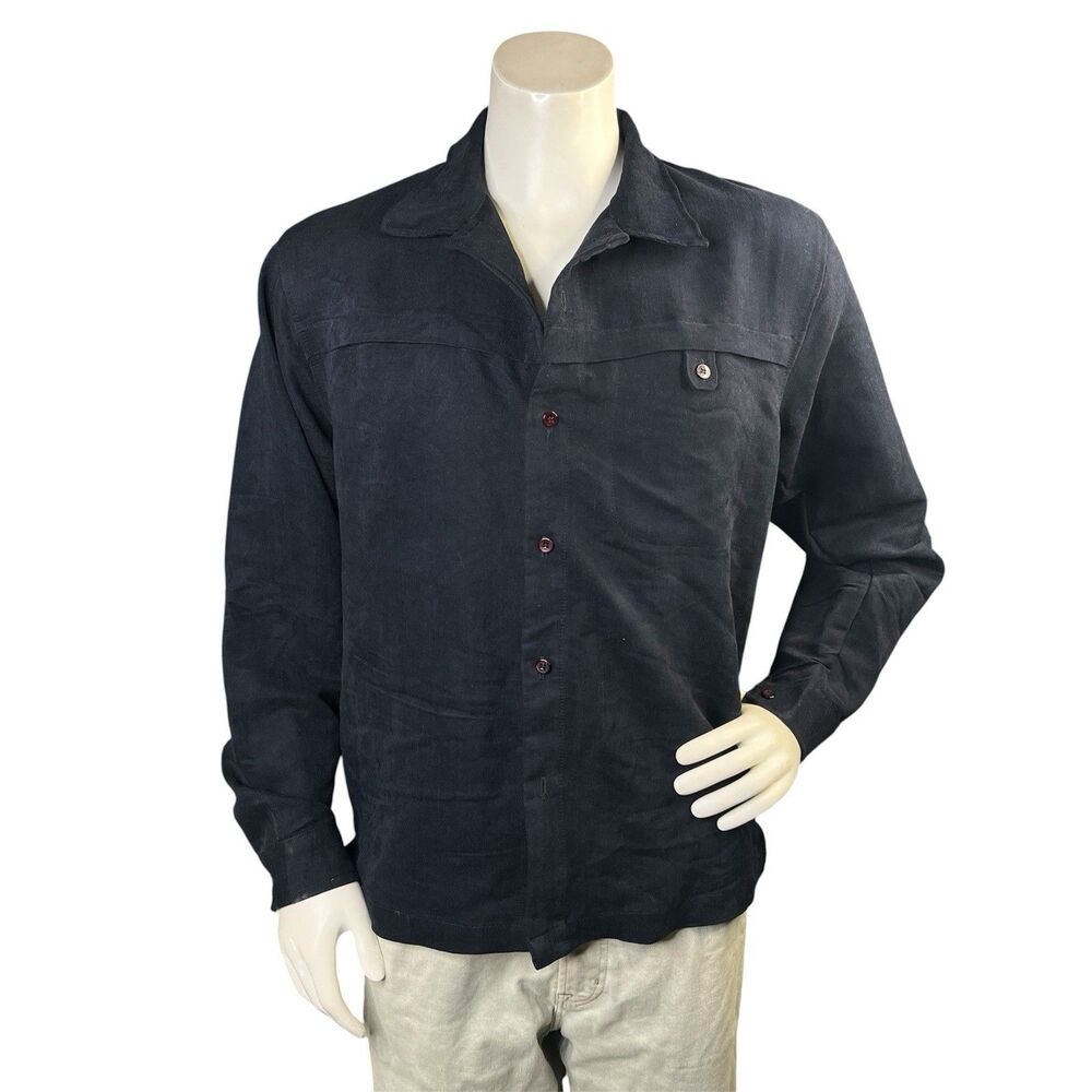 Slant Vintage Mens Large Black Long Sleeve Button Up Shirt Rayon Blend USA Made